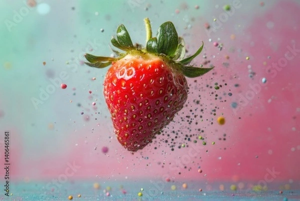 Fototapeta Vibrant strawberry in mid-air, surrounded by colorful sprinkles.  Fresh, juicy, and bursting with flavor
