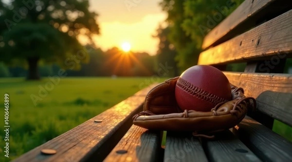 Fototapeta Golden Hour Serenity A Baseball Glove and Ball Resting on a Wooden Bench in a Tranquil Park at Sunset
