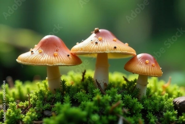 Fototapeta Three vibrant mushrooms nestled amongst verdant moss in a serene forest setting