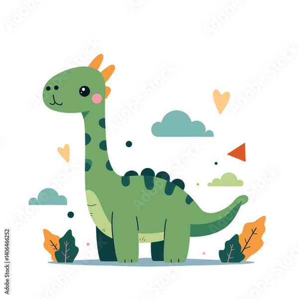 Fototapeta A whimsical illustration of a charming, green dinosaur, surrounded by foliage and playful shapes.