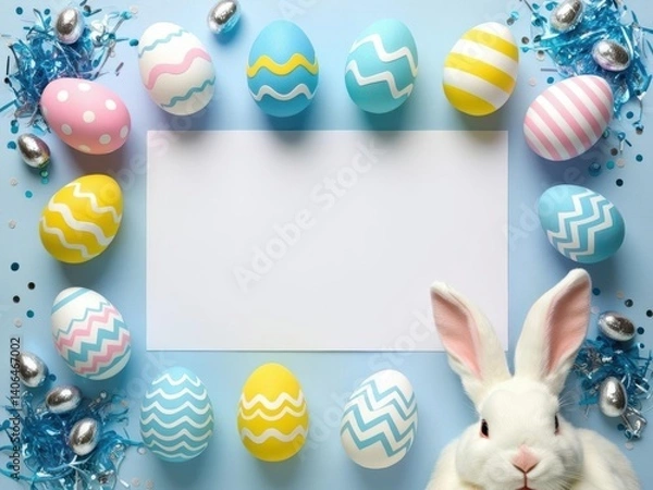 Fototapeta Easter party. Top view photo of easter bunny ears white pink blue, yellow eggs and confetti 4