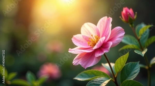 Fototapeta A delicate pink blossom bathed in the warm glow of the setting sun, its petals unfurling in gentle grace amidst lush green foliage