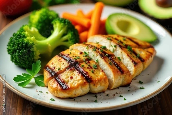 Fototapeta Grilled Chicken Breast with Broccoli, Carrots, and Avocado Slices on a Plate
