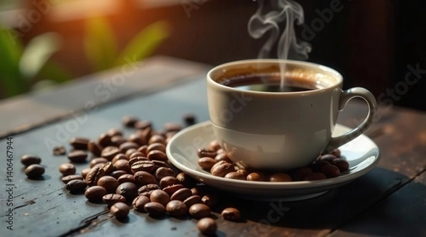 Fototapeta Aromatic Coffee Steam Rising from a White Mug on Rustic Wood with Roasted Beans