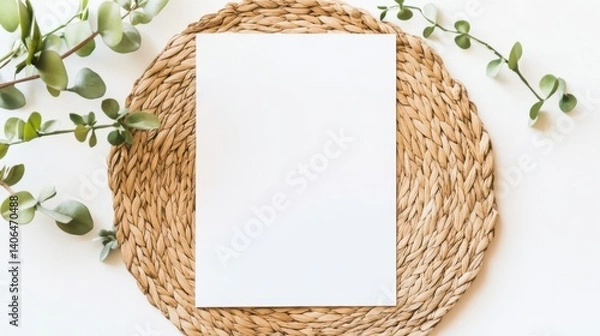 Fototapeta A minimalistic setting featuring a blank sheet of paper on a woven placemat, surrounded by green eucalyptus leaves.