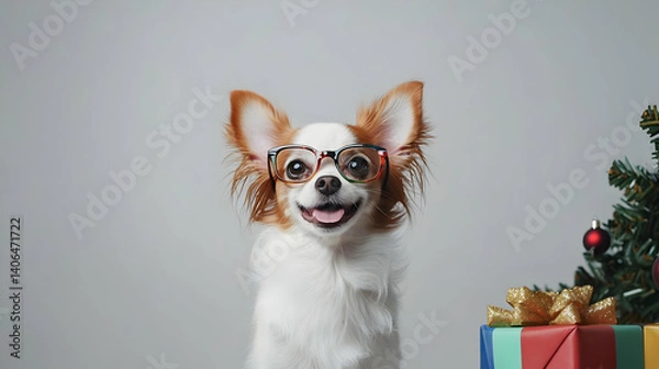 Fototapeta Chihuahua Wearing Festive Glasses Posing Near Christmas Tree with Wrapped Gift and Smiling in Studio