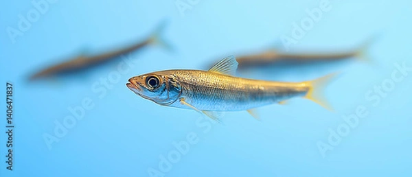 Fototapeta Small Gold And Blue Fish Swimming Underwater Against A Bright Blue Background With Other Fish Blurred In The Background