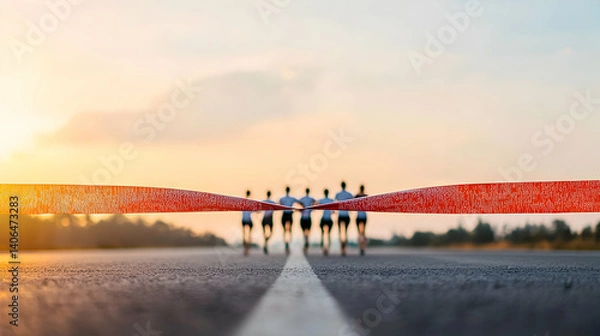 Fototapeta Group of Runners Crossing Red Finish Line on Asphalt Road Under Sunset Sky