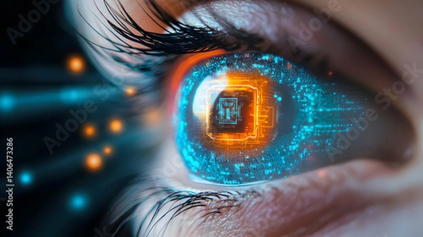Fototapeta Close Up Of Eye With Glowing Orange And Blue Digital Overlay