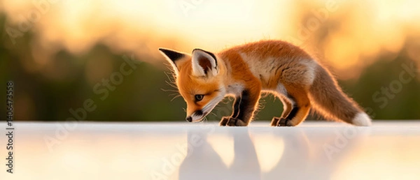 Fototapeta Curious Red Fox Kit Exploring White Surface During Golden Hour Sunset With Blurred Green Background