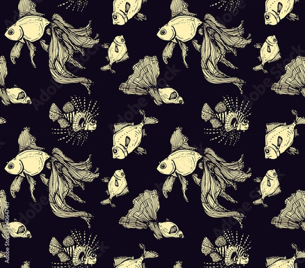 Fototapeta seamless pattern with fishes on dark background