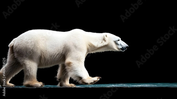 Fototapeta Majestic Polar Bear Walking Against A Black Background In A Studio Setting Showcasing Its Powerful Stride And White Fur