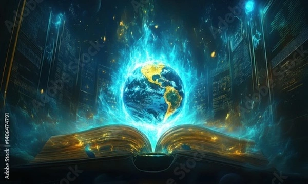 Fototapeta Flaming Earth globe rising from open book, futuristic city background; fantasy art