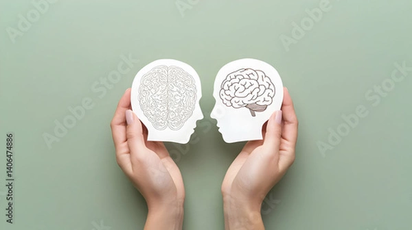 Fototapeta Human Hands Holding Two White Paper Brain Silhouettes on Green Background, Conceptual Mental Health and Cognition