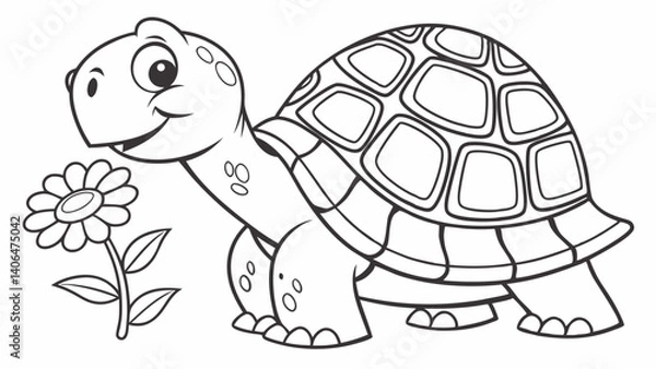Fototapeta kids coloring page, a slow turtle carrying a flower on its back, cartoonish, friendly, thick outlines