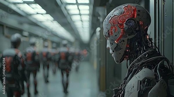 Fototapeta Futuristic Cyborg In A Corridor With Other Robots In Uniforms Dark Background And Low Lighting