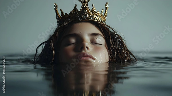 Fototapeta Serene Portrait of Young Girl With Golden Crown Submerged in Dark Moody Water with Eyes Closed