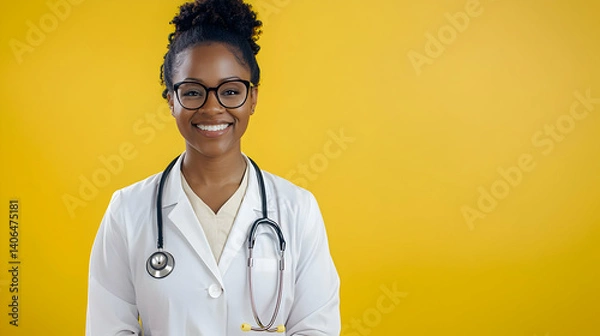 Fototapeta Portrait Of A Smiling Black Female Doctor With Stethoscope Against Bright Yellow Background In A Studio Setting With Eyeglasses And A Lab Coat