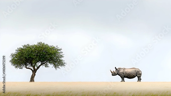 Fototapeta A Solitary Rhinoceros Stands Majestically in a Vast African Savanna Grassland Under a Pale Sky Beside a Lone Green Tree