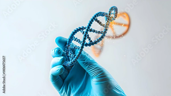 Fototapeta Gloved Hand Holding Blue Dna Helix Model with Orange Abstract Background in a Brightly Lit Scientific Setting