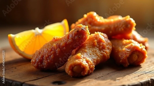 Obraz Hot Meat Dishes - Fried Chicken Wings with Orange Slice and Vegetable Leaf