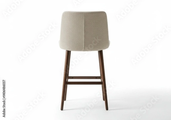 Obraz A back view of a modern bar stool with a beige seat and dark wooden legs on a white background space