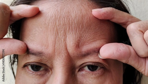 Fototapeta Close up the forehead lines and scar, Flabbiness and wrinkle, swelling and ptosis, Flabby skin and dark spots on the face, health care and beauty concept.