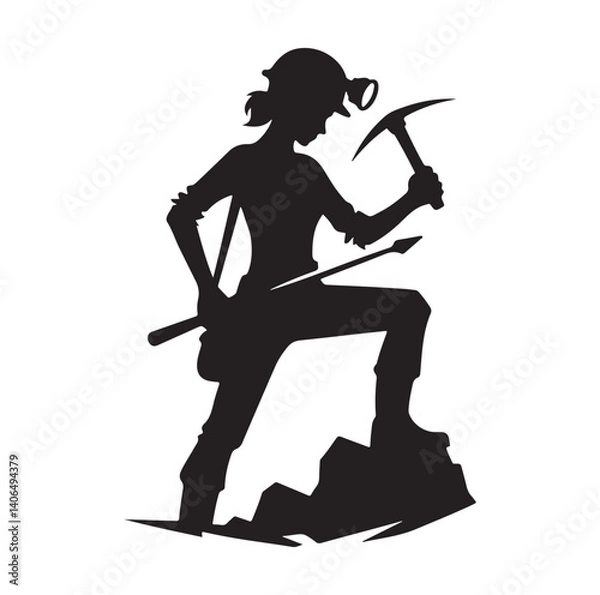 Fototapeta Mine worker, using a chisel and hammer silhouette vector illustration