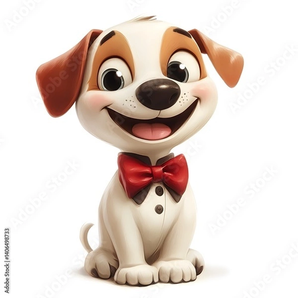 Fototapeta A smiling cartoon puppy wearing a red bowtie, isolated on a white background

