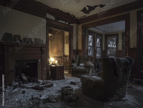 Fototapeta Unveiling shadows eerie abandoned living room haunted atmosphere high fidelity disturbing claw marks