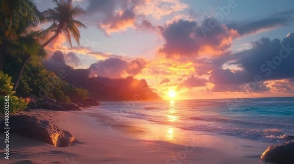 Fototapeta A stunning sunset over a tranquil beach, with palm trees silhouetted against colorful clouds and reflecting on the calm ocean waters.