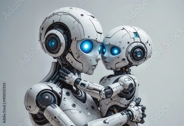 Fototapeta Unique celebration of Mother's Day featuring futuristic robot mother and child embracing