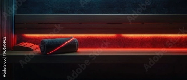 Fototapeta Relaxing Sauna Bench with Red Accent Lighting