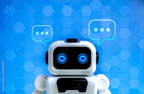 Obraz AI bot, online communication chatbot service, Artificial intelligence assistant technology concept. White smart cute robot head with conversation speech bubbles on blue cyber network background.