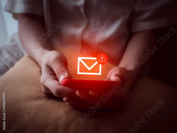 Fototapeta Scam alert concept, fraud sms, phishing from scammer. System hacked, red warning alert, email hack, spam text malware spreading virus on message alert virtual on mobile phone screen in woman hands.