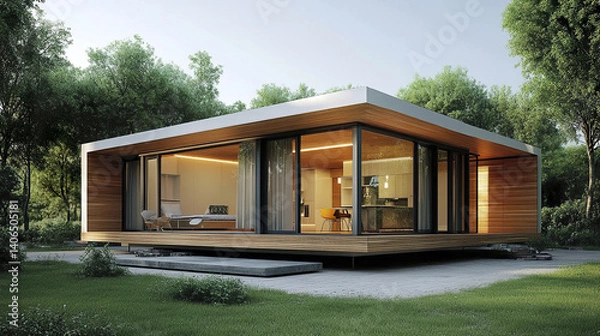 Fototapeta Modern prefabricated house with large windows in lush green setting