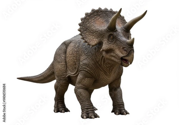 Fototapeta A full body shot of a triceratops with horns and frill on a white background standing alertly looking forward