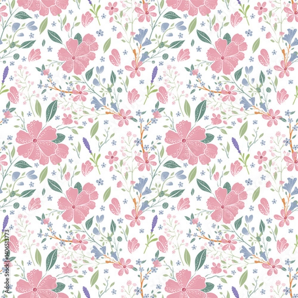 Fototapeta Beautiful pink wild flowers seamless pattern with leaves, create fabric, card. In vector technique. Hand droving wild flowers pattern