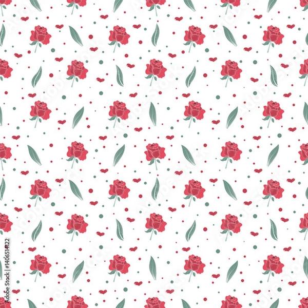 Fototapeta Beautiful red roses, leaves, heart and dots seamless pattern in vector technique, on white background. Create fabric, card, banner and more 