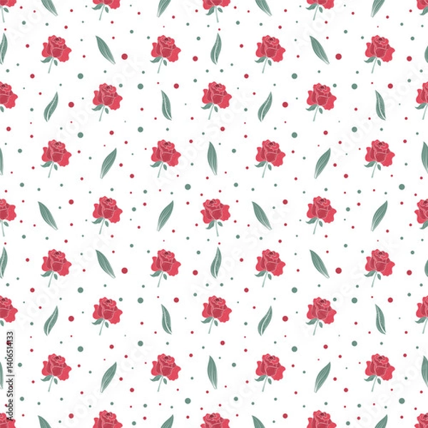 Fototapeta Beautiful red roses, leaves and dots seamless pattern in vector technique, on white background. Create fabric, card, banner and more 