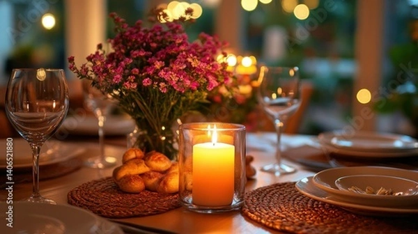 Fototapeta Warm, inviting dinner setting with candles and flowers