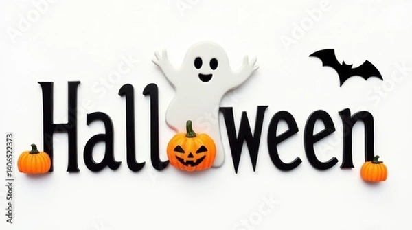 Fototapeta Modern Halloween lettering with ghost and pumpkin illustrations on white background, flat lay design