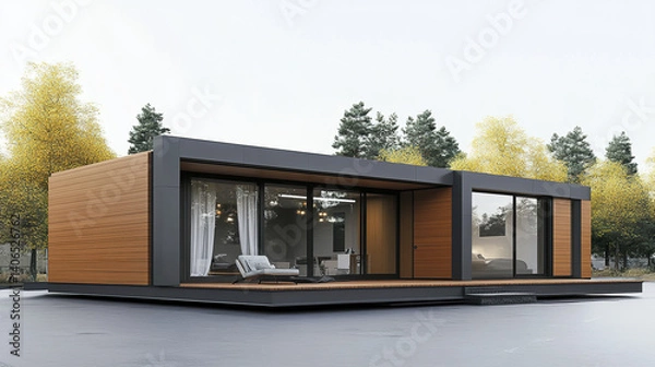Fototapeta Modern prefabricated house with large windows in serene forest setting