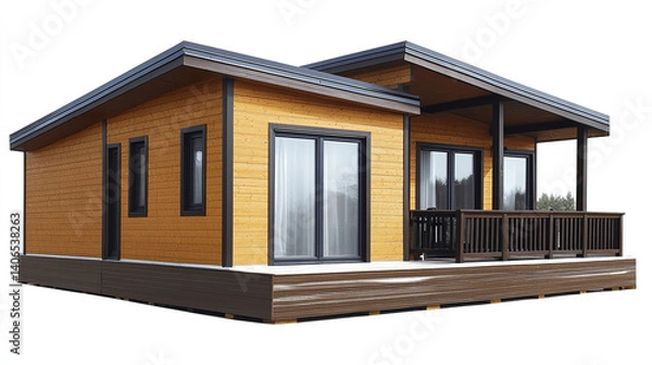Fototapeta modern prefabricated house with wooden exterior and large windows