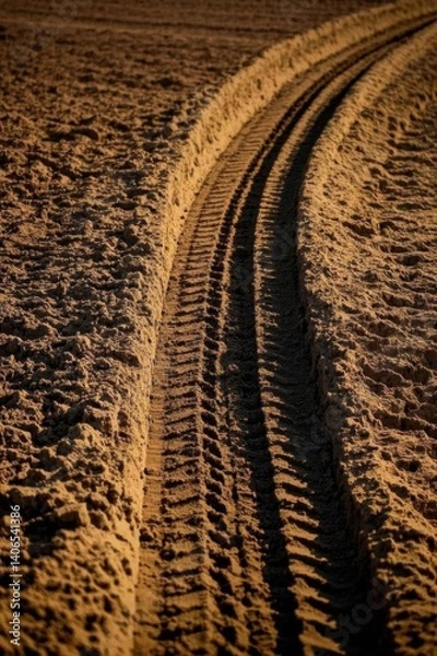 Fototapeta tire tracks in the sand of a field at sunset