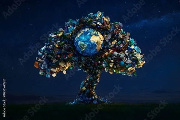 Obraz A tree made of plastic waste with the earth at the center against a dark blue starry background