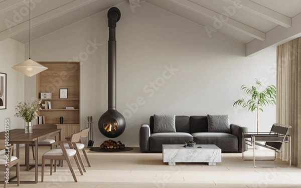 Fototapeta Bright, inviting living room with high ceilings, soft lighting, and comfy furniture, 3d rendering