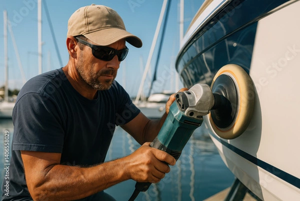 Fototapeta Skilled worker polishing boat hull at marina with electric polisher on sunny day