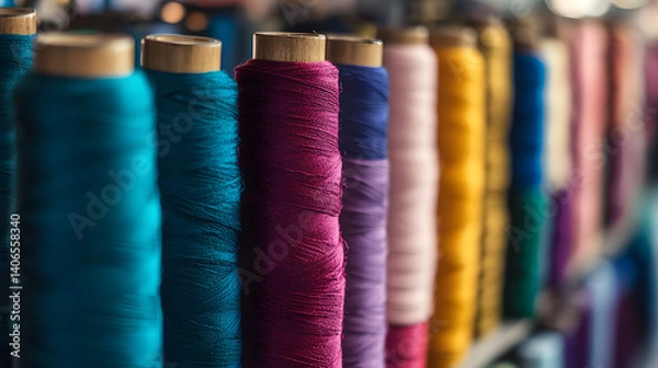 Obraz Vibrant Spools: A captivating display of colorful thread spools in a rainbow spectrum, perfect for textiles and craft projects. The photograph showcases the spectrum of textures and hues.