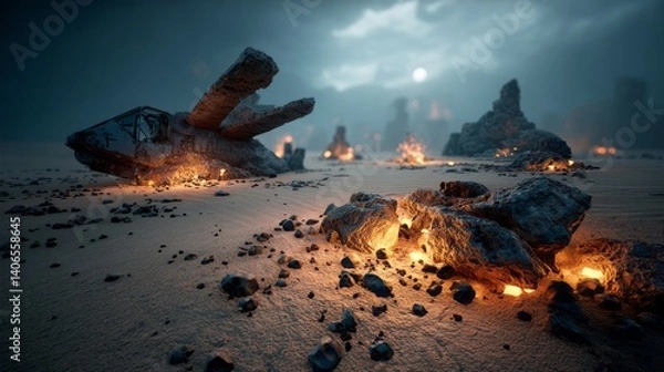 Fototapeta Generic Alien Desert Perspective Crashed Glowing Bomber